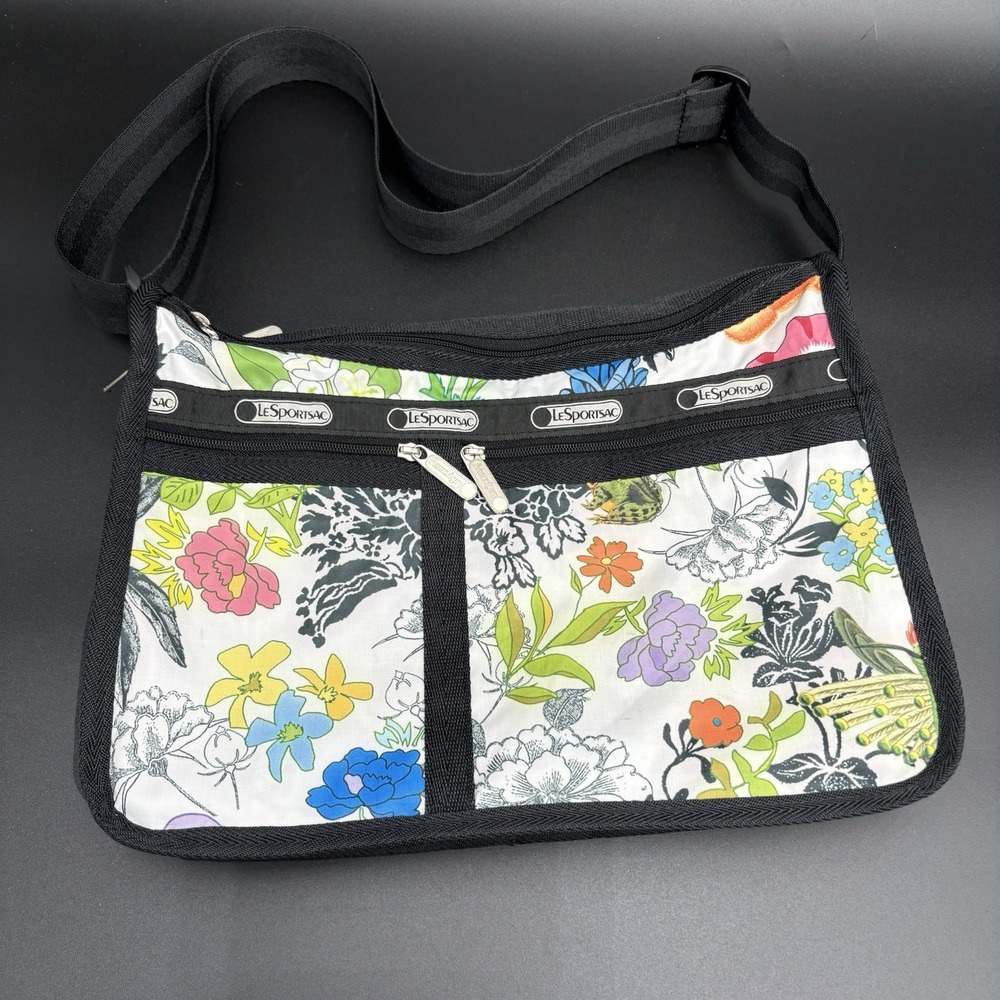 LeSportsac expandable deluxe large floral bird print crossbody purse bag